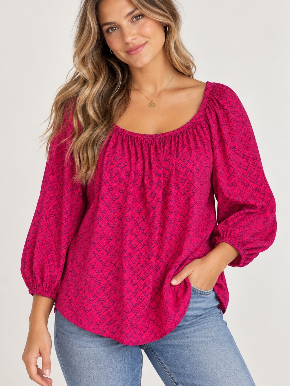 Maeve Women’s Fuchsia Pink Puff-Sleeve Floral Peasant Top XL